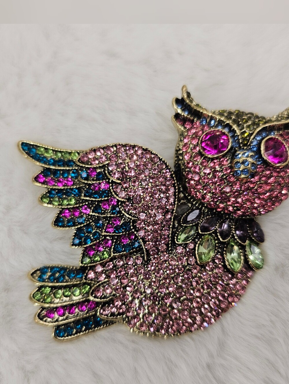 Multicolor Jeweled Owl Brooch - Pink & Blue Accent